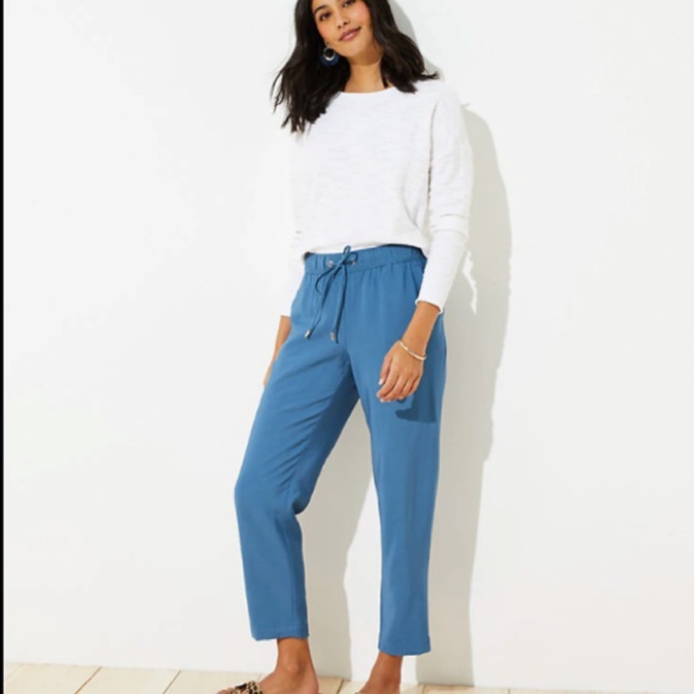 LOFT Blue Textured Tapered Drawstring Pants